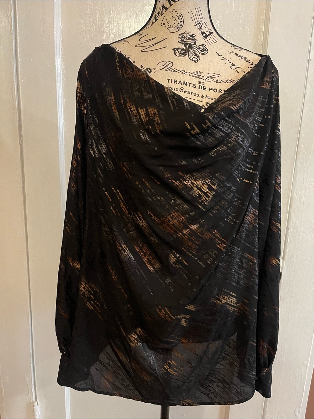 Halston Heritage Black Sheer Top with Metallic Copper Accents